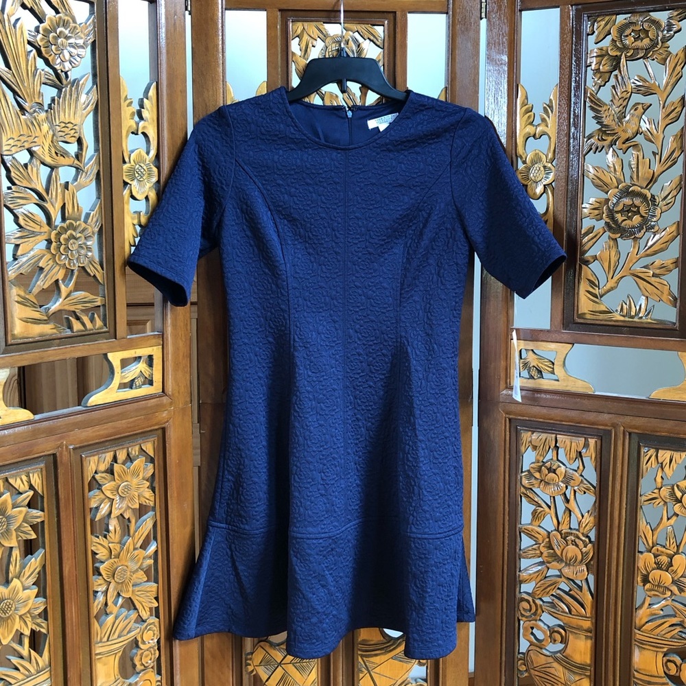 London Style Navy Textured Dress Women Sz 6P Short Sleeve Zipper New NWT